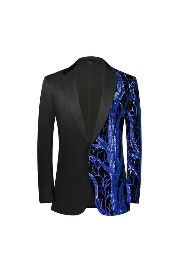 Men Sequin Tuxedo Prom Suit Jacket One Button Slim Fit Sport Coats Wedding Blazers Patchwork Casual Dance Jacket Blue XXXL