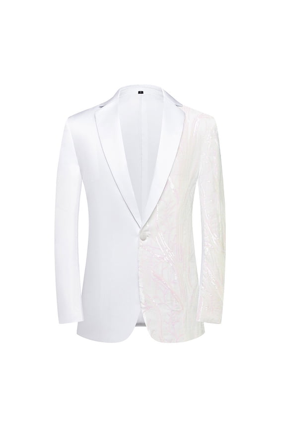 Men Sequin Tuxedo Prom Suit Jacket One Button Slim Fit Sport Coats Wedding Blazers Patchwork Casual Dance Jacket White S