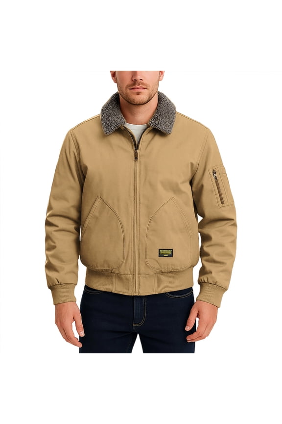 Men Sherpa Lined Motorcycle Jacket Thicken Warm Twill Golf Winter Coat Insulated Padded Trucker Jacket with Faux Fur Collar Khaki XXXXXL