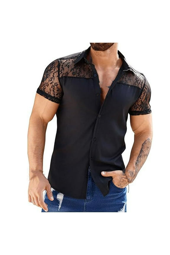 Men Shirt Lace Mesh Patchwork Lapel Short Sleeve See Through Sexy V Neck Summer Party Button Down Shirts Black XXL
