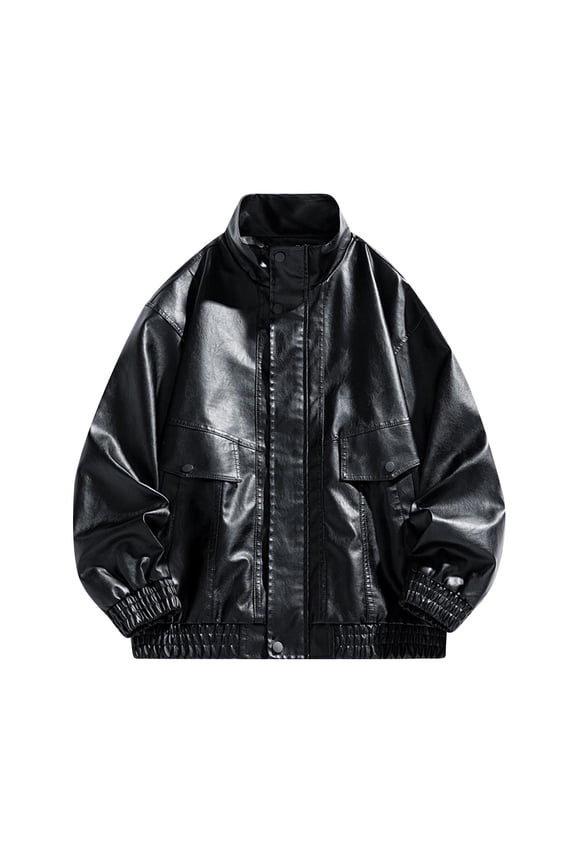 Men Slimming Fit Fashion Man Biker Ride Motorcycle Solid Biker Racer Stand Collar Style Warm Winter PU Leather Jacket Black L
