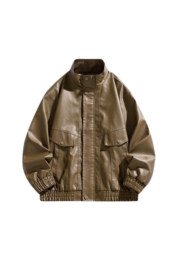 Men Slimming Fit Fashion Man Biker Ride Motorcycle Solid Biker Racer Stand Collar Style Warm Winter PU Leather Jacket Coffee L
