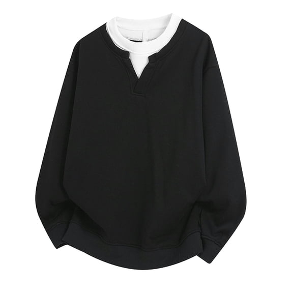 YLSDY Men Spring Fall Long Sleeve Sweatshirt Casual Fake Two Piece T-Shirts Crew Neck Patchwork Pullover Tops Oversize Black L
