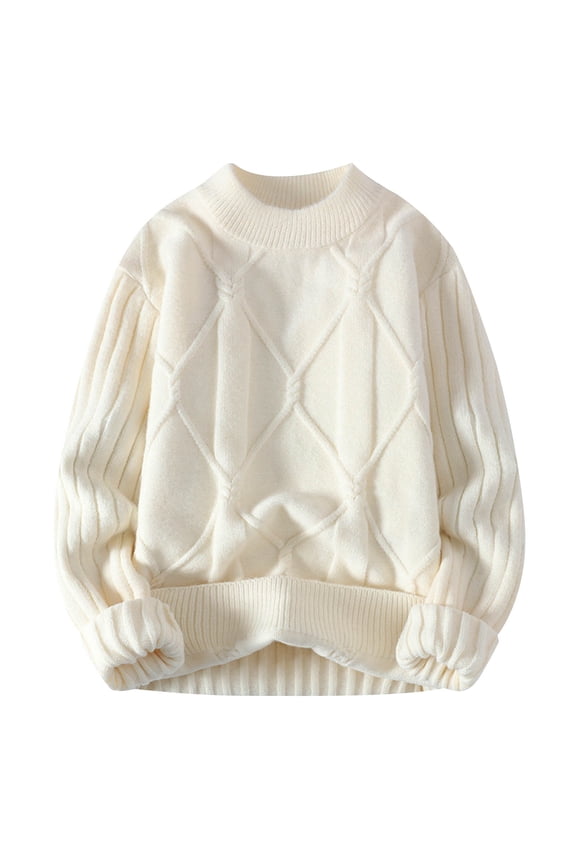 Men Sweater Pullover Long Sleeves O-Neck Classic Cable Knit Sweaters Fall Winter Lightweight Knitwear Coat Outwear White L