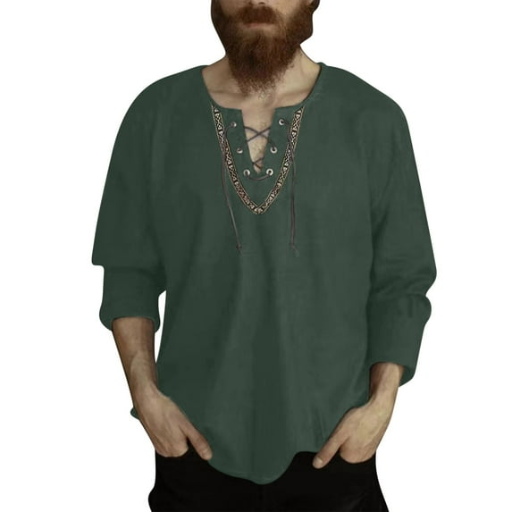 YLSDY Men Vintage Henley Shirts Long Sleeves Lace up V-Neck Plus Size Loose Comfy T-Shirt Summer Daily Casual Beach Tops Army Green M