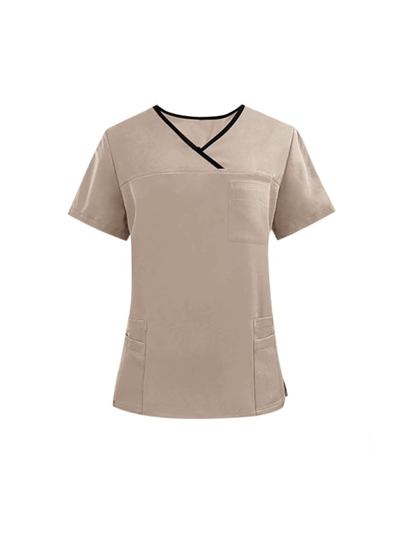 Men & Women Scrub Tops V-Neck Scrubs Unisex Stretch Nursing Shirts Medical Uniform Workwear with 3 Pockets Khaki XS