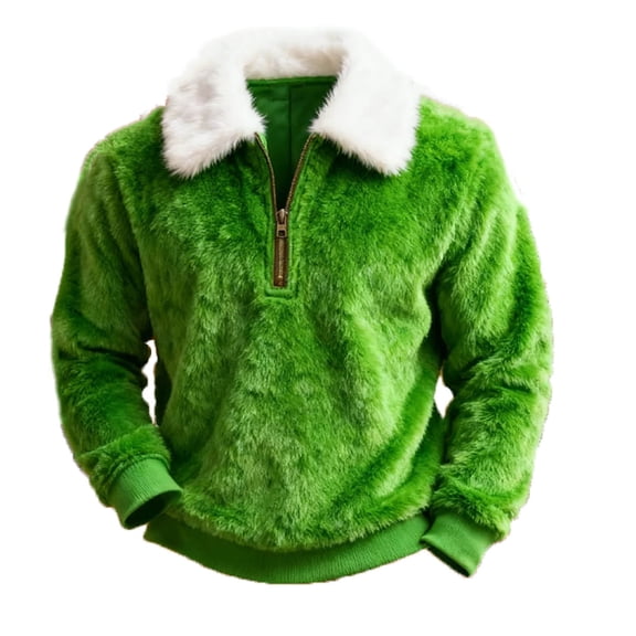 YLSDY Men Xmas Elf Fuzzy Collar Quarter Zip Long Sleeve Pullover Sweatshirt Ribbed Cuff Loose Top for Winter Costume Night Street Roam Green S