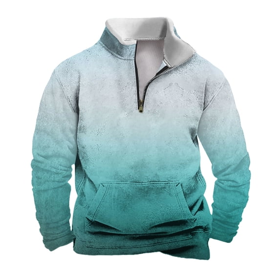 YLSDY Men's 1/4 Zip Pullover Fall Fashion Long Sleeve Stand Collar Outfits Gradient Trendy Sweatshirt with Kangaroo Pocket Light Blue L