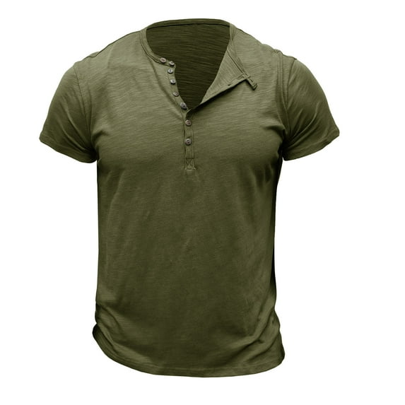 YLSDY Men's 100% Cotton Henley Shirts Short Sleeve Pullover Tees Crew Neck Button Up Blouses Slim Fit Athletic Bodybuilding Sport Tops Skinny Fit Plaid Print Shirts Army Green M