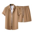 thumbnail image 1 of YLSDY Men's 2 Piece Outfits Waffle Knit Button Down Shirt Top and Shorts Set Summer Fashion Sports Suits Khaki S, 1 of 7