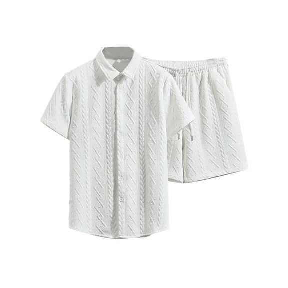 YLSDY Men's 2 Piece Outfits Waffle Knit Button Down Shirt Top and Shorts Set Summer Fashion Sports Suits White M