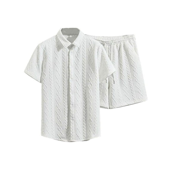 YLSDY Men's 2 Piece Outfits Waffle Knit Button Down Shirt Top and Shorts Set Summer Fashion Sports Suits White XXL