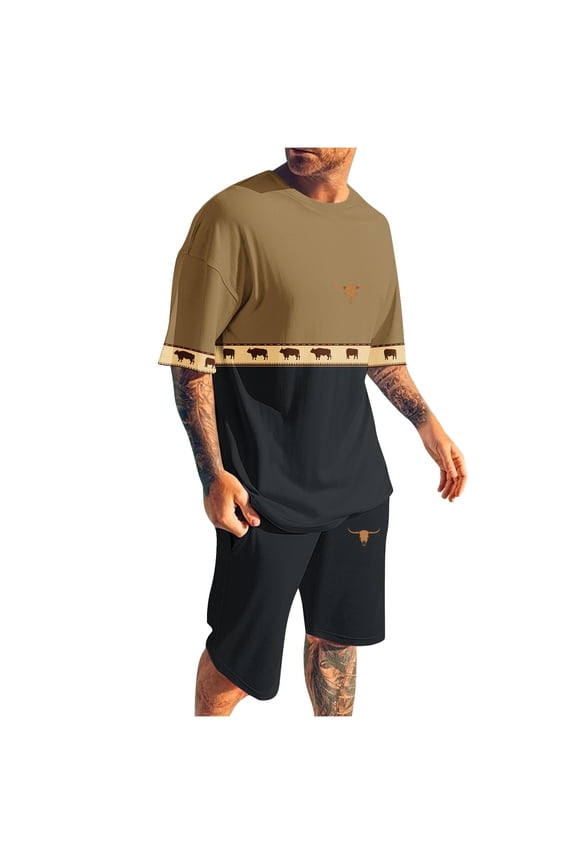 Men's 2 Piece Outfits Western Print Vintage Aztec Short Sleeve Crewneck T Shirt and Drawstring Shorts Set Tracksuit Black M