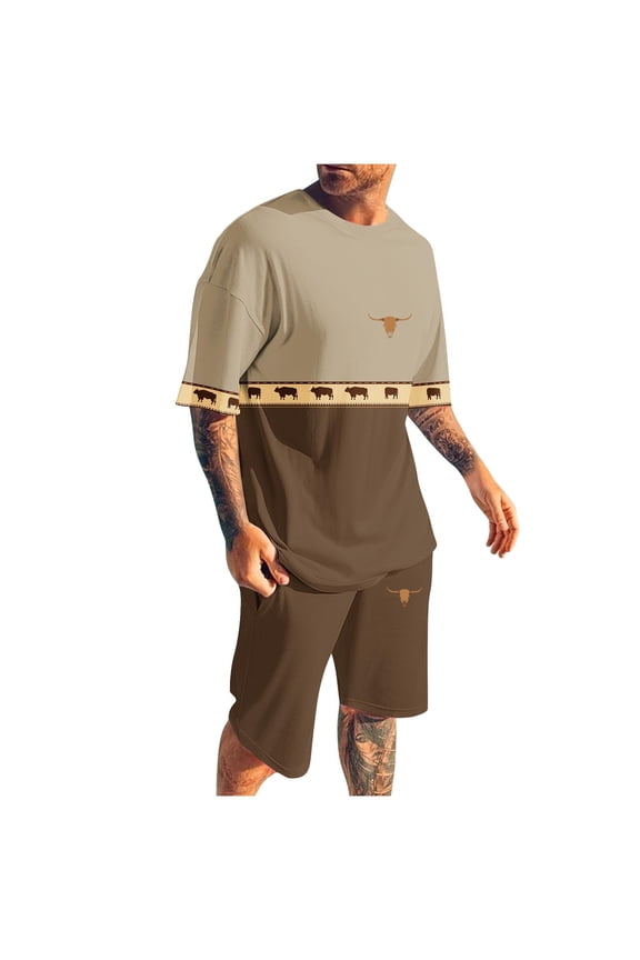 Men's 2 Piece Outfits Western Print Vintage Aztec Short Sleeve Crewneck T Shirt and Drawstring Shorts Set Tracksuit Coffee XL