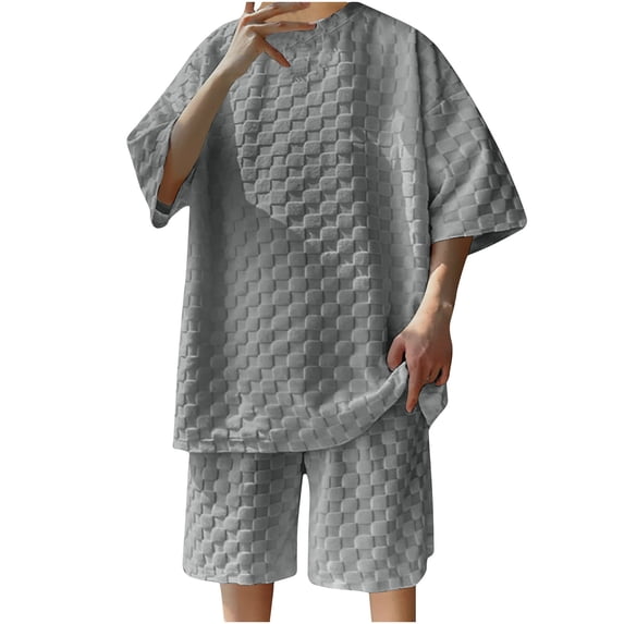 YLSDY Men's 2 Piece Plus Size Plaid Sets Casual Short Sleeve T-shirt and Solid Color Shorts Classic Crewneck Square Tops for Men Dark Gray XXXL