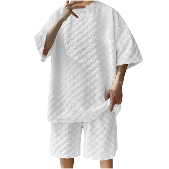 YLSDY Men's 2 Piece Plus Size Plaid Sets Casual Short Sleeve T-shirt and Solid Color Shorts Classic Crewneck Square Tops for Men White XXXL