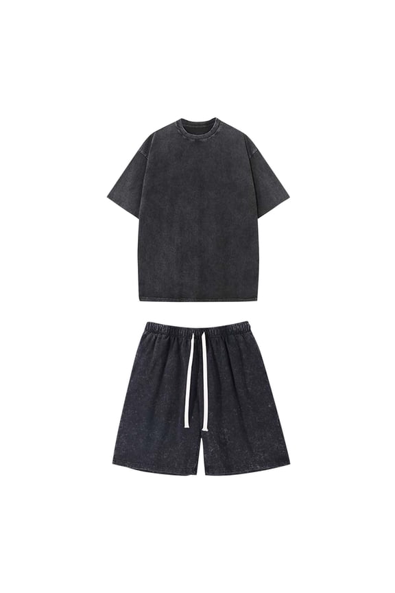 Men's 2 Piece Short Sets Oversized T-Shirts Cotton Short Sleeves Casual Loose Basic Tees with Sweat Shorts Athletic Acid Washed Cotton Gym Short Black S