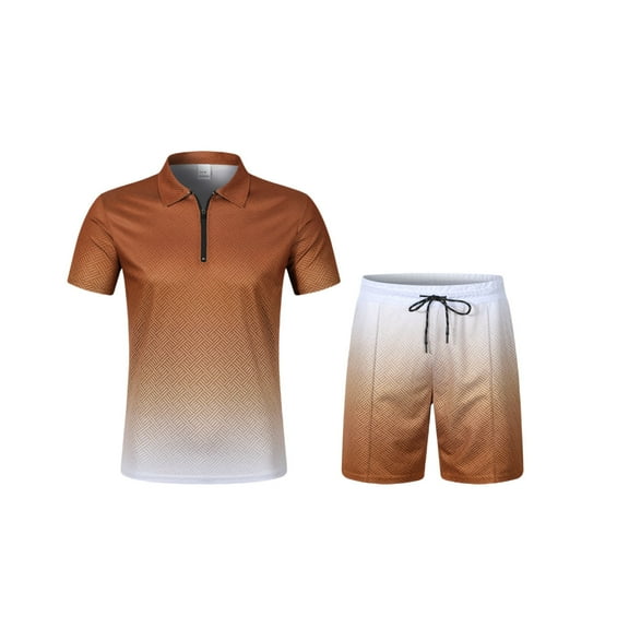 YLSDY Men's 2 Piece Short Sleeve Shirt And Shorts Set Summer Outfit Zip Tracksuit Casual Athletic Vacation Beach Outfits Gold L