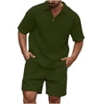 thumbnail image 1 of YLSDY Men's 2 Piece Shorts Set Waffle Knit Outfit Quarter Zip Textured Shirts Sets Vacation Outfits Zipper Button Collared Shirt Army Green 8, 1 of 6