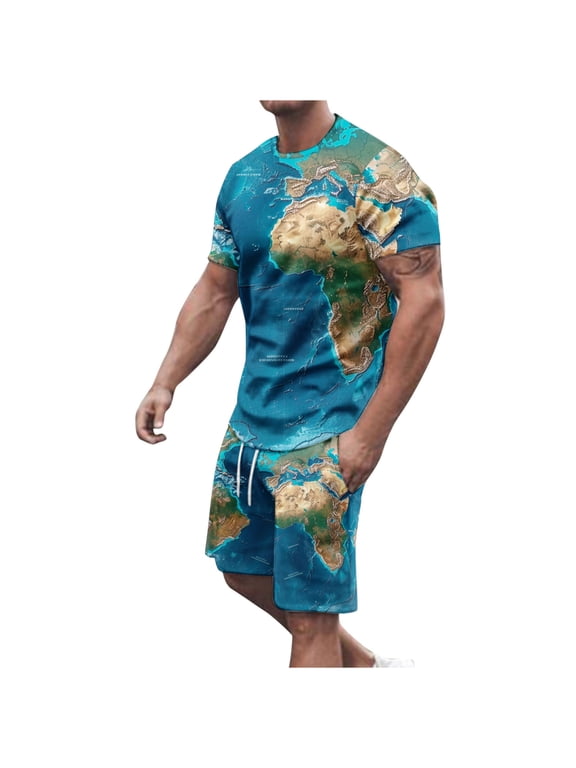 Men's 2 Piece Summer Outfits World Map Print Short Sets Short Sleeve T-Shirt and Shorts Tracksuit Set Sport Suits Navy 6