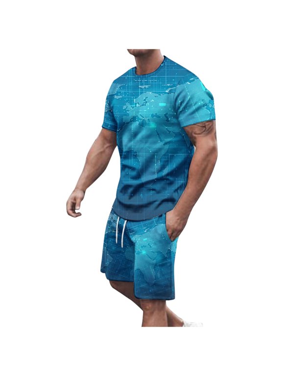 Men's 2 Piece Summer Outfits World Map Print Short Sets Short Sleeve T-Shirt and Shorts Tracksuit Set Sport Suits Navy 6