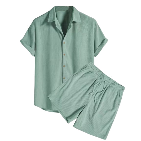 YLSDY Men's 2 Piece Textured Outfits Sets Beach Button Down Short Sleeve Lapel Shirt and Drawstring Short Sets Green L