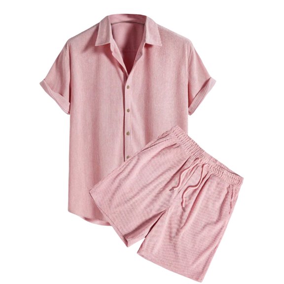 YLSDY Men's 2 Piece Textured Outfits Sets Beach Button Down Short Sleeve Lapel Shirt and Drawstring Short Sets Pink M