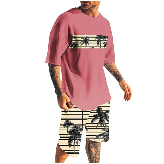 YLSDY Men's 2 Pieces Outfit Short Sleeve Hawaiian Print Tee and Graphic Drawstring Waist Shorts Sets Summer Fashion Suits Pink S