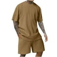 thumbnail image 1 of YLSDY Men's 2 Pieces Outfits Knitted Ribbed Cotton Tracksuits Sets Short Sleeve Crewneck T-Shirts and Shorts with Pockets Coffee L, 1 of 6