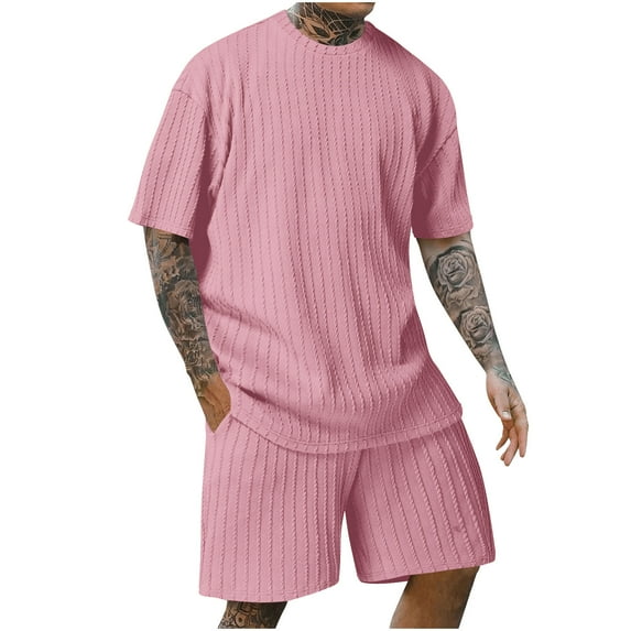 YLSDY Men's 2 Pieces Outfits Knitted Ribbed Cotton Tracksuits Sets Short Sleeve Crewneck T-Shirts and Shorts with Pockets Pink XXL