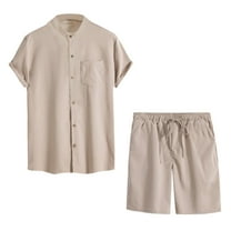 YLSDY Men's 2 Pieces Set Stand Collar Button Down Shirt and Drawstring Shorts Summer Beach Yoga Matching Outfits Beige 10