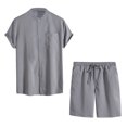 thumbnail image 1 of YLSDY Men's 2 Pieces Set Stand Collar Button Down Shirt and Drawstring Shorts Summer Beach Yoga Matching Outfits Gray 4, 1 of 3