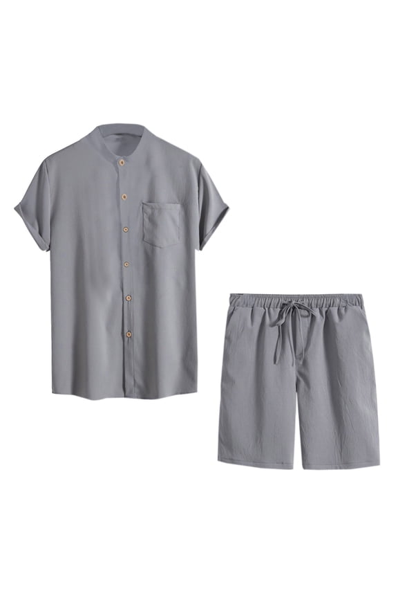 Men's 2 Pieces Set Stand Collar Button Down Shirt and Drawstring Shorts Summer Beach Yoga Matching Outfits Gray 8