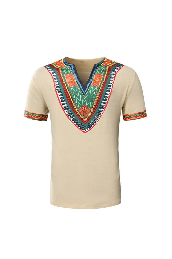Men's African Tribal Dashiki T-shirt Summer Short Sleeve V-neck Traditional Floral Tees Fashion Slim Fit Lightweight Comfy Blouses Khaki XXL