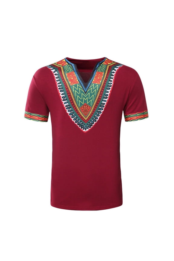 Men's African Tribal Dashiki T-shirt Summer Short Sleeve V-neck Traditional Floral Tees Fashion Slim Fit Lightweight Comfy Blouses Wine XL