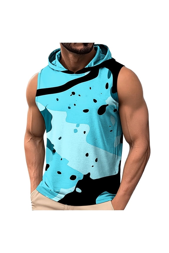 Men's All-Over Print Sleeveless Hoodie Top, Casual Drawstring Pullover Tank for Street Style Blue XL
