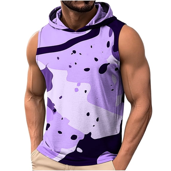 YLSDY Men's All-Over Print Sleeveless Hoodie Top, Casual Drawstring Pullover Tank for Street Style Purple S