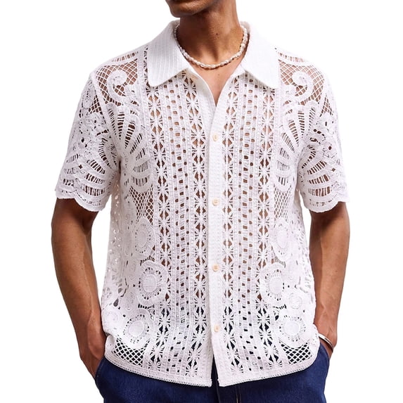 YLSDY Men's Allover Lacework Camp Shirt, Openwork Floral & Geometric Pattern, Short Sleeve Button-Down Cover-Up Top White XXXL