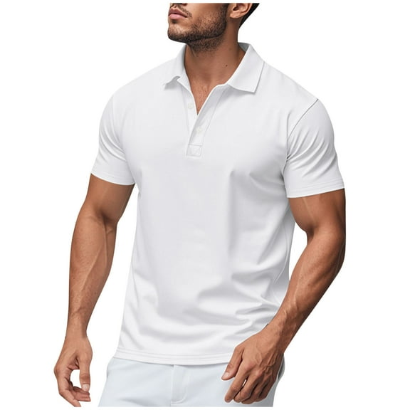 YLSDY Men's Athletic Button Collared Shirts Short Sleeve Button Up Slim Fit Fitness T-Shirts Quick Dry Breathable Workout Gym Tops White S