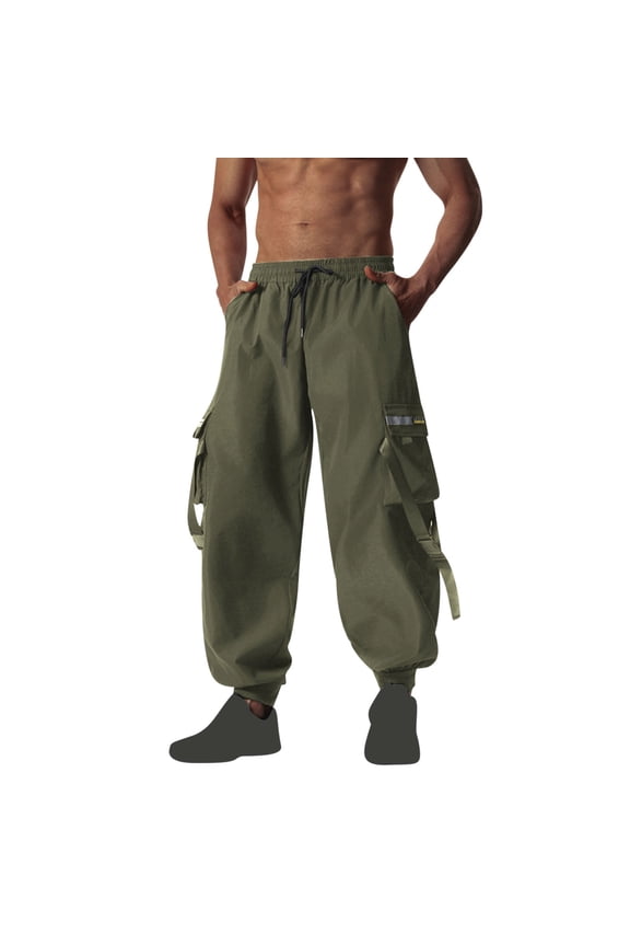 Men's Baggy Cargo Pants Casual Solid Parachute Cargo Pants Loose Fit Hip Hop Harem Pants with Pockets Army Green S