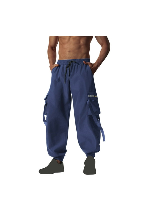 Men's Baggy Cargo Pants Casual Solid Parachute Cargo Pants Loose Fit Hip Hop Harem Pants with Pockets Blue S