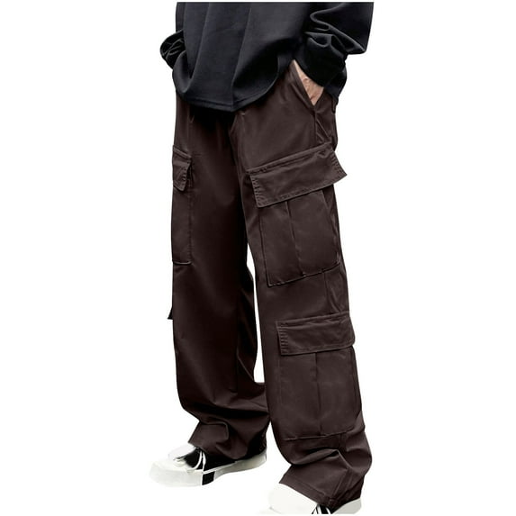 YLSDY Men's Baggy Cargo Pants Trendy Casual Loose Trousers Drawstring Wide Leg Pant Outdoor Hiking Streetwear with Pockets Coffee 12