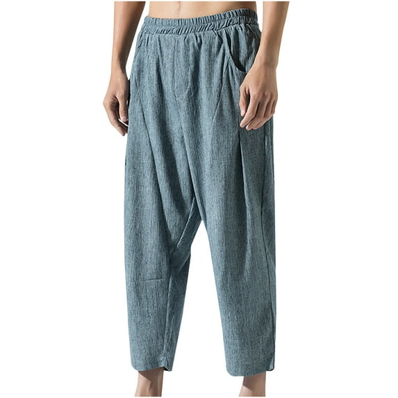 YLSDY Men's Baggy Cropped Corduroy Pants Casual Wide Leg Drawstring Elastic Waist Pleated Harem Trousers Blue 12