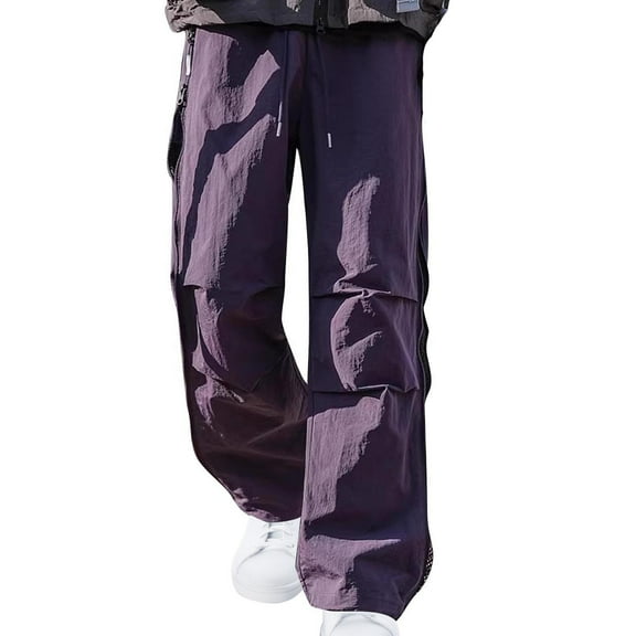 YLSDY Men's Baggy Side Zipper Mesh Pants Elastic Waist Drawstring Pocket Beam Feet Streetwear Trousers Hip Hop Sweatpants Purple L