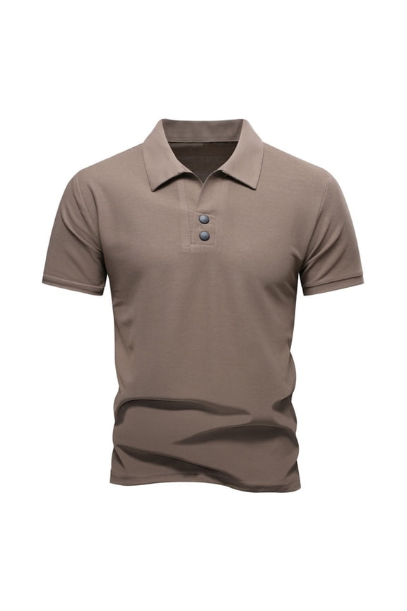 Men's Basic Solid Collared Shirt, 2-Button Placket, Short Sleeve Casual Top Khaki XXXXL