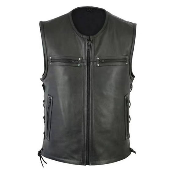 YLSDY Men's Black Cowhide Leather Motorcycle Vest with Side Laces Zipper Front Closure Black XXXL