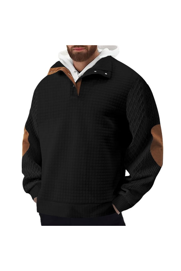 Men's Block Striped Sweatshirt Casual Outdoor Long Sleeve Stand Collar Pullover Sweatshirt Button Quarter Sweater Black XXL