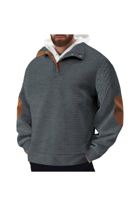 Men's Block Striped Sweatshirt Casual Outdoor Long Sleeve Stand Collar Pullover Sweatshirt Button Quarter Sweater Dark Gray XXXL