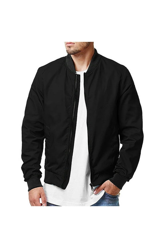 Men's Bomber Jacket Lightweight Stand Collar Baseball Flight Zip Up Windbreaker Coats with Pockets Black S