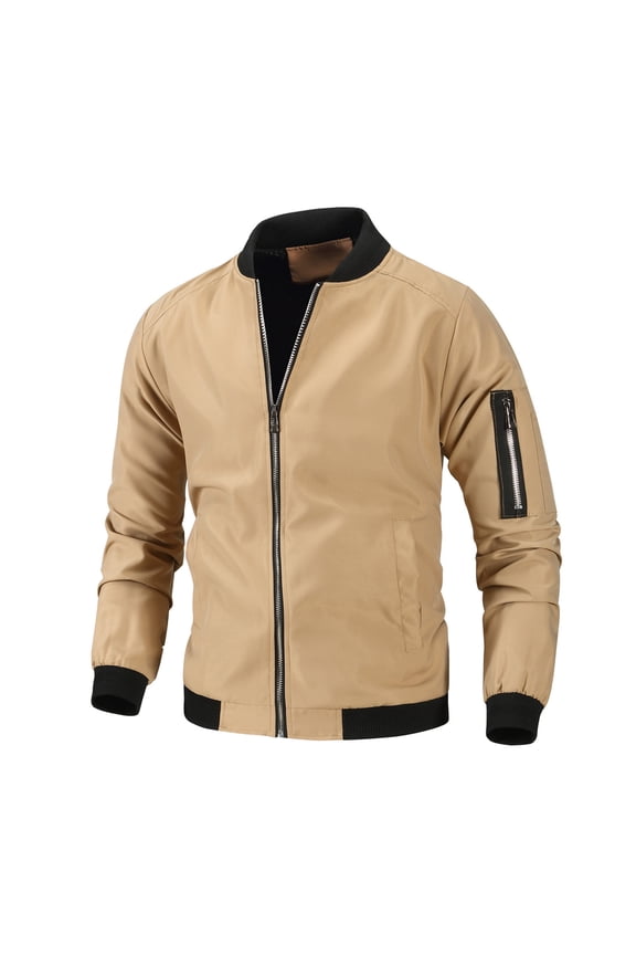 Men's Bomber Jacket Lightweight Zipper Baseball Jacket Solid Color Long Sleeve Outdoor Spring Autumn Coat Warm Windbreaker Khaki L